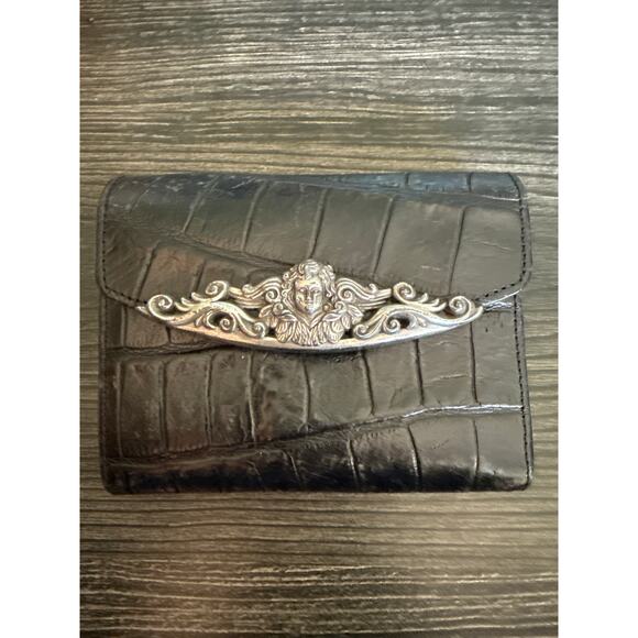 Vintage Brighton Black Croc Embossed Leather Silver Emblem Envelope Wallet - Picture 1 of 9